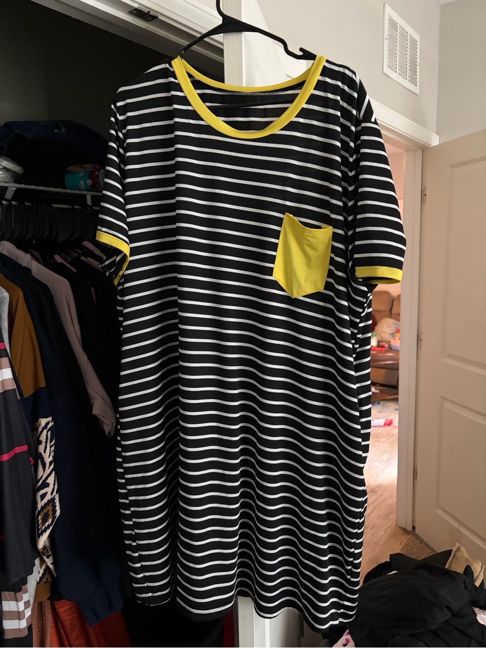 Black and White Striped Tee Dress with Yellow Trim